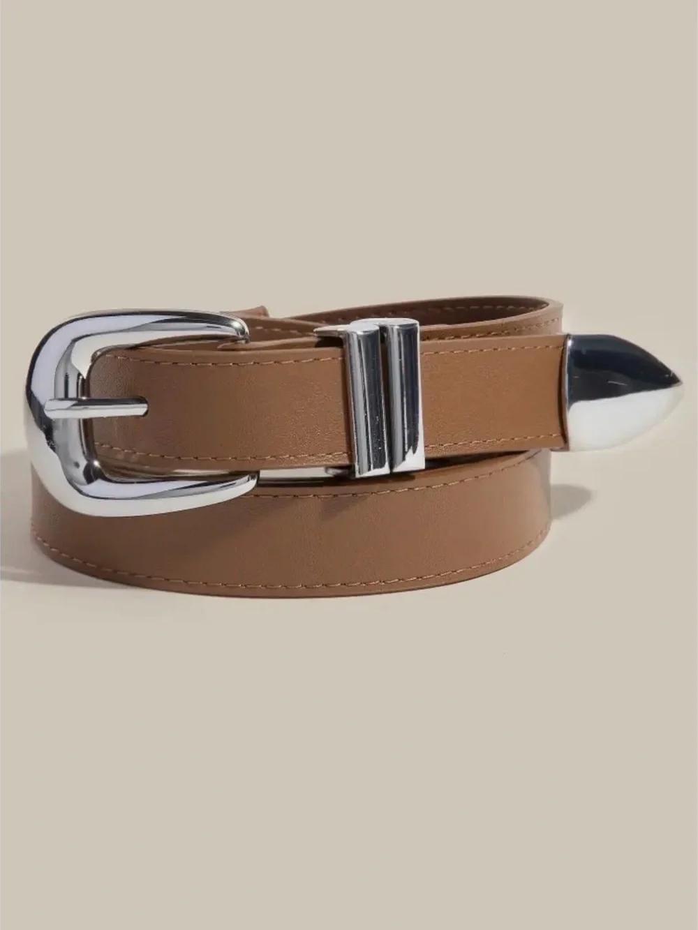 Brown Sleek Silver Buckle Leather Belt